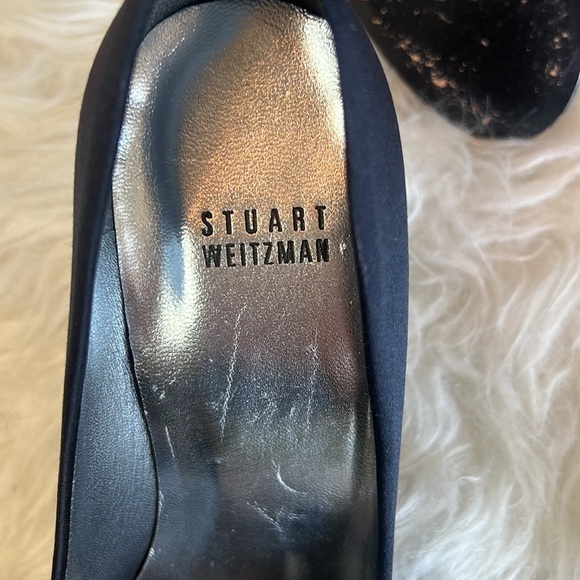 Stuart Weitzman Black Polly Pump Satin Peep Toe Pumps Stiletto Heels Size 8 - Picture 10 of 13